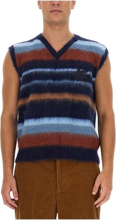Etro Gestreept Mouwloos Breigoed - Heren - Spencers - Blauw - L - Wol - Truien & Vesten