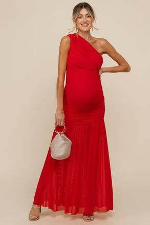 Pinkblush Ruched Mesh One Shoulder Maxi Dress in Red at Nordstrom, Size Small