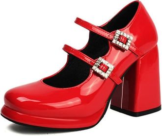 Generic Womens Round Toe Mary Jane Shoes Chunky High Heel Rhinestone Buckle Strap Party Wedding Dress Pumps (5.5,Red)