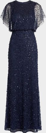Mac Duggal Beaded Sequined Shawl Gown