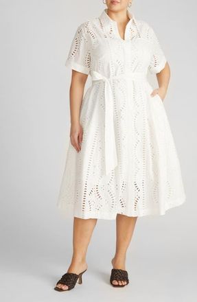 Universal Standard Eyelet Tie Waist Poplin Shirtdress in White at Nordstrom, Size Xx-Large