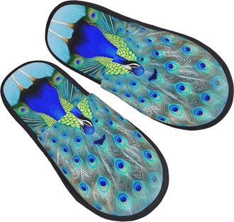 Generic Peacock Print Slippers for Women House Fuzzy Shoes Sole Indoor Outdoor Slide Slipper