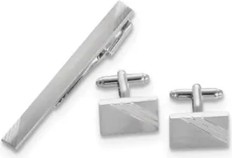 Diamond2Deal Rhodium-plated Satin Finish Striped Design Cuff Link and Tie Bar Set