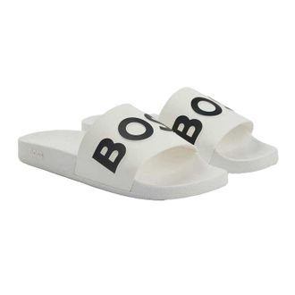 HUGO BOSS Unisex synthetische platte slippers voor volwassenen met Bay-logo (Wit)