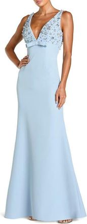 Mac Duggal Womens Crepe Sleeveless Beaded V Neck Gown With Bow in Powder Blue at Nordstrom, Size 12