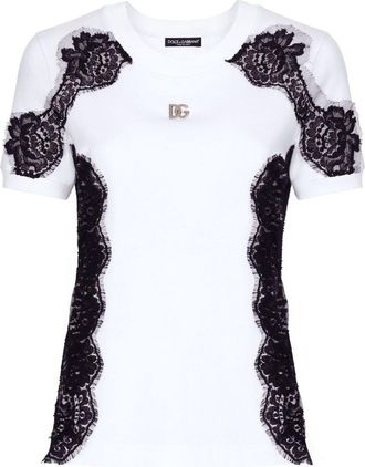 Dolce & Gabbana DNA lace-detailing cotton-blend T-shirt - women - Cotton/Polyamide - 36 - White