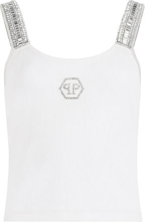 Philipp Plein Rib Tank Top Strass Hexagon - Dames - Tops zonder mouwen - Wit - S - Katoen - Tops