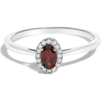 House of Brilliance 10K White Gold Oval and Diamond Accent Halo Birthstone Ring in Red Garnet at Nordstrom, Size 6.5
