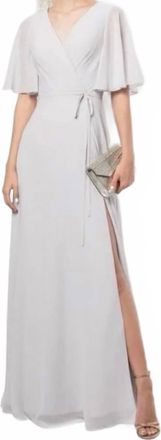 Marchesa Bridesmaids Rome Draped-Sleeve Rear-Cutout Wrap Gown In Dove Grey