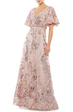 Mac Duggal Floral Embellished Short Sleeve Faux Wrap Gown in Rose Pink at Nordstrom, Size 12