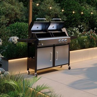 Charles Bentley 2+1 Burner Gas Grill & Charcoal Grill BBQ 147.5 x 52 x 110cm in Black | Size: 147.5 x 52 x 110 cm