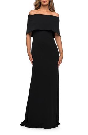La Femme Off the Shoulder Jersey Gown with Column Skirt in Black at Nordstrom, Size 16