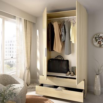 Dmora Armario 2 Puertas Montclare, Ropero Dormitorio Con Barra, 2 Cajones, Un Estante, 51x204 Cm Alto, Marr&oacute;n