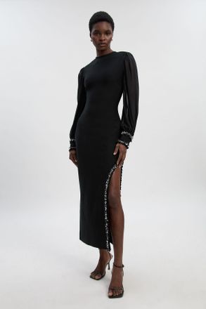 Karen Millen Womens Embellished Figure Form And Chiffon Sleeve Midi Dress - Black - Size X-Small