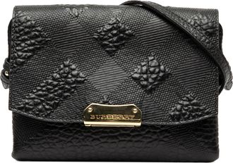 Burberry Pre-owned Womens Embossed Grain Check Leather Langley Crossbody - Black - One Size