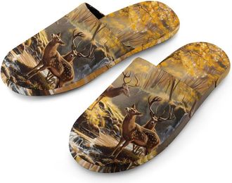 Generic Jungle Hunting Deer Autumn Stream Warm Mens Slippers Slip On Soft Fleece House Shoes Winter Indoor Outdoor