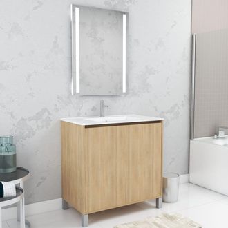 Aurlane Aurlane - Pack Mueble De Ba&ntilde;o 80cm Roble Claro 2 Puertas, Lavabo, Espejo 60x80 Con Luz Led Integrada