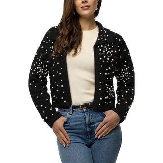 Saachi Faux Pearl Bead Open Front Cardigan in Black at Nordstrom Rack