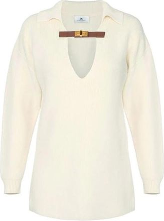 Elisabetta Franchi Truien & Vesten, Dames, Beige, XS, Wol, Wollen trui met juwelen band