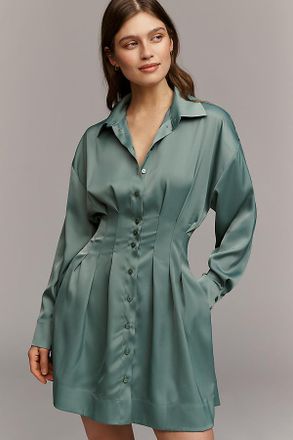 Exquise The Tobie Long-Sleeve Satin Mini Shirt Dress by Exquise