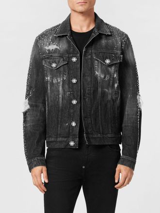 Philipp Plein Cotton Denim Jacket with Crystals and Embroidered Hexagon Logo