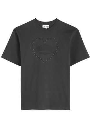 Ganni Logo Crystal-embellished Cotton T-shirt - Dark Grey - S (UK8-10 / S)