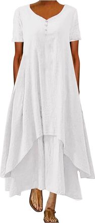 Generic Shirred Maxi Dresses for Women UK - V-Neck Simple Solid Color Casual Dress for Women - Maxi Dress with Short Sleeves Dresses Elegant Plus Size Loose M