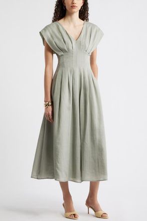 Nordstrom Pleat Waist A-Line Dress in Green Chaparral at Nordstrom, Size Xx-Small