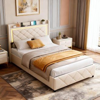 OEM Cama Infantil 90x200 De Terciopelo Beige Con Led, Puertos Usb-c, Somier Y 2 Cajones