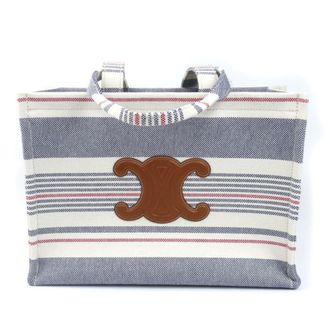 Celine Blue Red Color White Canvas Leather Tote Bag (Pre-Owned)
