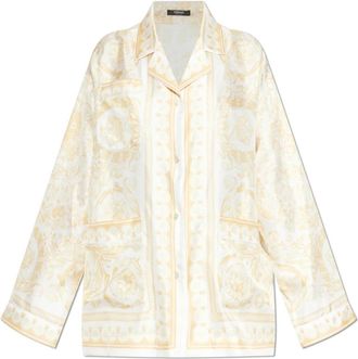 Versace Zijden Blouse met La Coupe des Dieux Print - Dames - Overhemden - Beige - 2XS - Leer - Overhemden