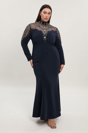 Karen Millen Womens Plus Size Premium Crystal Embellished Woven Maxi Dress - Blue - Size 18 UK