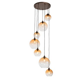 QAZQA Art D&eacute;co L&aacute;mpara Colgante Inteligente Bronce Oscuro Con Cristal &Aacute;mbar 7 Luces Con 7 Wifi A60 - Sandra Vidrio /acero Redonda Adecuado Para Led Max. 7 X
