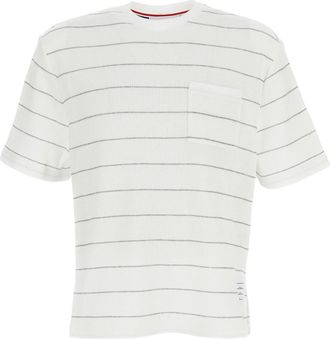 Thom Browne SHORT SLEEVE TEE IN TEXTURED STRIPE WAFFLE