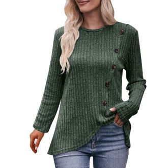 Generic Womens Round Neck Bar Brushed Solid Color Button T Shirt Layering Long Sleeve Shirts for Women (Green, XL)