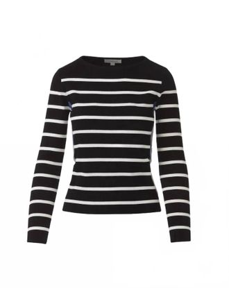 Kinross Cashmere Womens Tipped Rib Stripe Boatneck Pullover In Black/white/anchor Blue