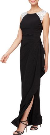 Alex Evenings Gathered Lace Gown in Black White at Nordstrom, Size 14P