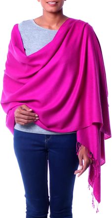 Novica Artisan Handmade Wool Silk Shawl Woven Purple with Fringe from India Accessories Shawls Solid Mumbai Orchid