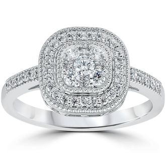 Pompeii3 3/8Ct Vintage Natural Diamond Cushion Halo Shape Ring White Gold Size Selectable