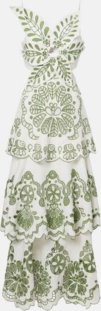 Farm Rio Broderie anglaise tiered linen maxi dress