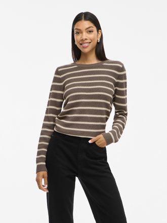 Vila Rundhalspullover VILA VIDALO O-NECK L/S STRIPE KNIT TOP- NOOS, Damen, Gr. M (38), beige (falcon stripes:sandshell), Rippstrick, Obermaterial: 100% Bau