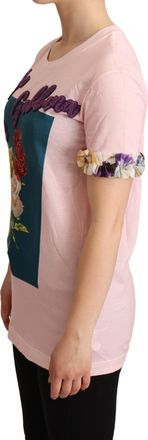 Dolce & Gabbana Womens Pink Cotton Floral Roses Crewneck T-Shirt