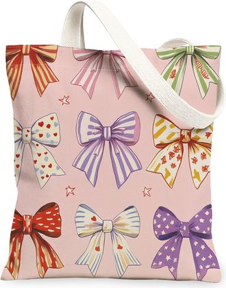 Generic Festive Bow Pattern Canvas Tote Bags, Cute Ribbon Design Reusable Grocery Bags, Spring Floral Lightweight Washable Shoulder Strap Canvas for Shopping 