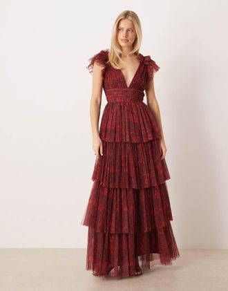 Lace & Beads Vestito lungo a strati rosso con stampa e volant