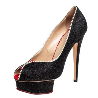 Charlotte Olympia Black Glitter And Patent Leather Scalloped Trim Peep Toe Platform Pumps