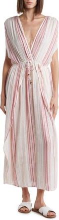 Boho Me Yarn Dye Front Tie V-Neck Cover-Up Dress in White/pink at Nordstrom Rack, Size X-Small