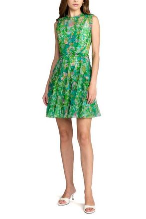 Mac Duggal Mesh Micro Ruffle High Neck Floral Mini Dress in Green Multi at Nordstrom, Size 10