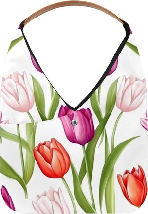 Generic Tulip Pattern Reusable Lightweight Grocery Bags - Foldable Into Compact Pouch, Washable & Sturdy, Multipurpose for Shopping and Travel