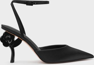 Charles & Keith Pointed Flower-Heel Ankle-Strap Pumps