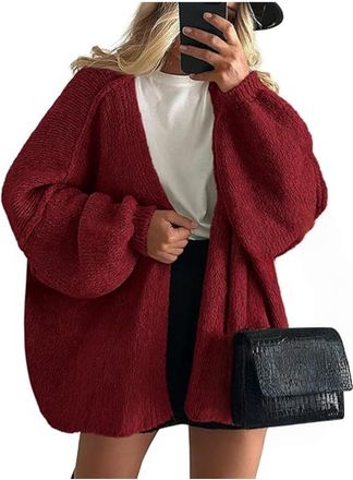 Generic Womens Oversized Open Front Chunky Knit Cardigan Sweaters Casual Long Lantern Sleeve Fall oversize cardigan for women (Wine red,XXL)